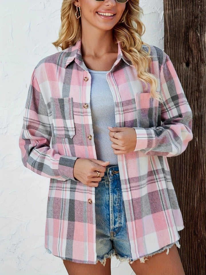 Classic plaid button-down shirt for women, long sleeve and relaxed fit, ideal casual wear.