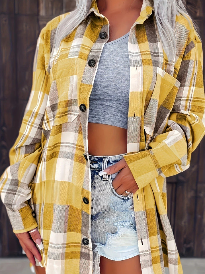 Front view of a women's casual plaid button-down shirt, perfect for a relaxed yet stylish outfit.