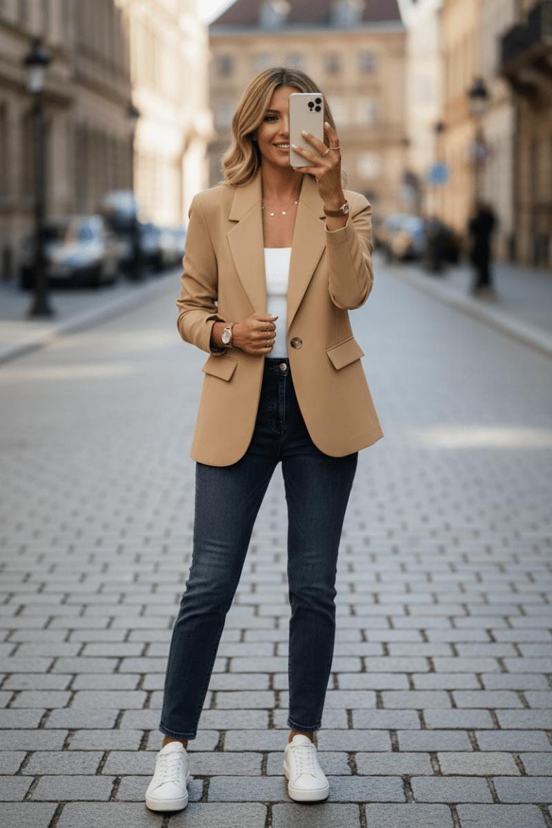 Close-up of elegant women's tailored blazer fabric, highlighting quality and modern style.