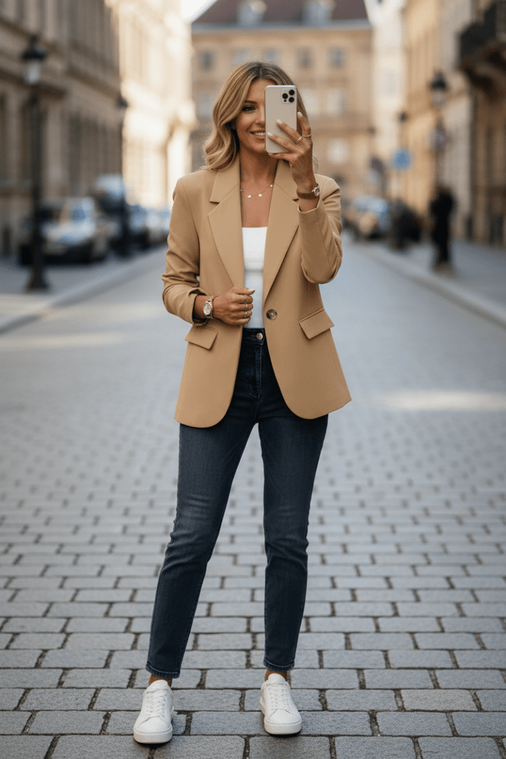 Close-up of elegant women's tailored blazer fabric, highlighting quality and modern style.