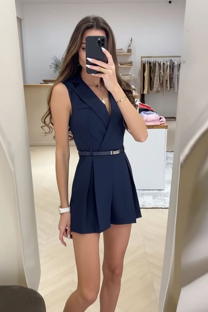 Stylish women's sleeveless belted romper in black, an effortless and comfortable casual outfit for summer.