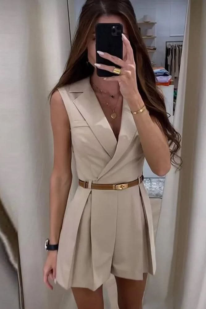 Effortless women's sleeveless belted romper, a chic and comfortable casual outfit perfect for summer style.
