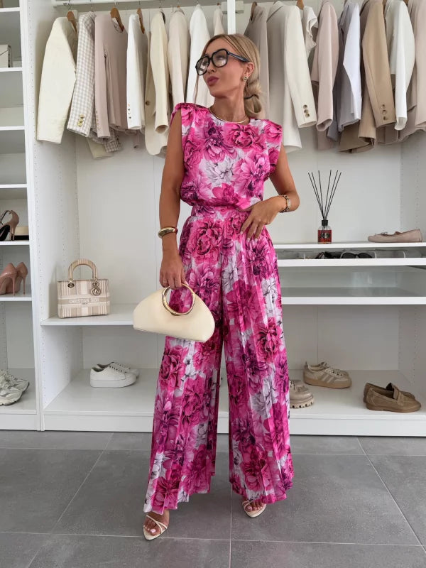 Matching two-piece set for women: sleeveless top and wide leg pants, designed for effortless summer style.