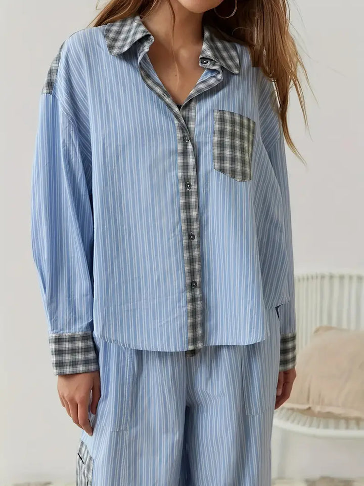 Full women's striped two-piece lounge set, top & bottom, for spring/summer comfort and style.
