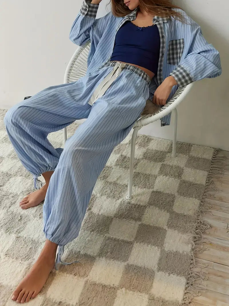Women's striped two-piece lounge set with drawstring, relaxed fit, suitable for casual spring/summer comfort.