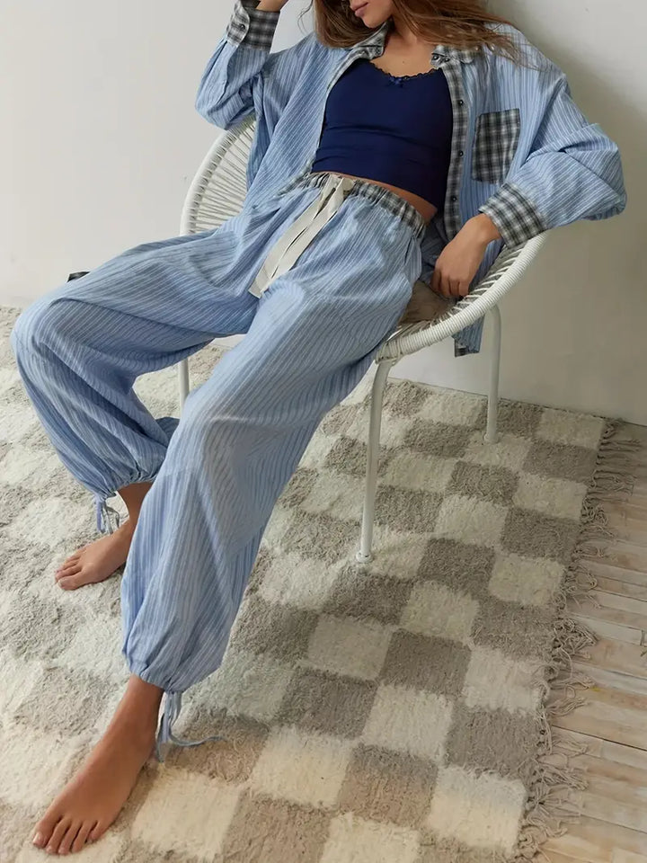Women's striped two-piece lounge set with drawstring, relaxed fit, suitable for casual spring/summer comfort.