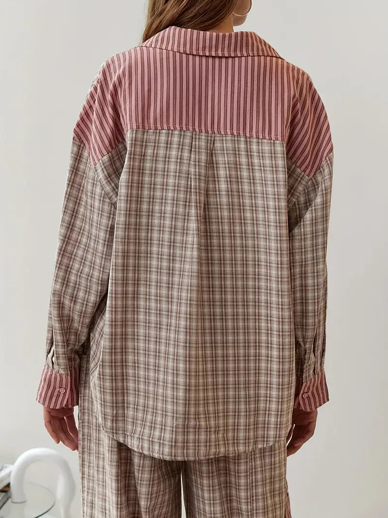 Women's relaxed fit striped two-piece lounge set with drawstring, ideal for casual summer style.