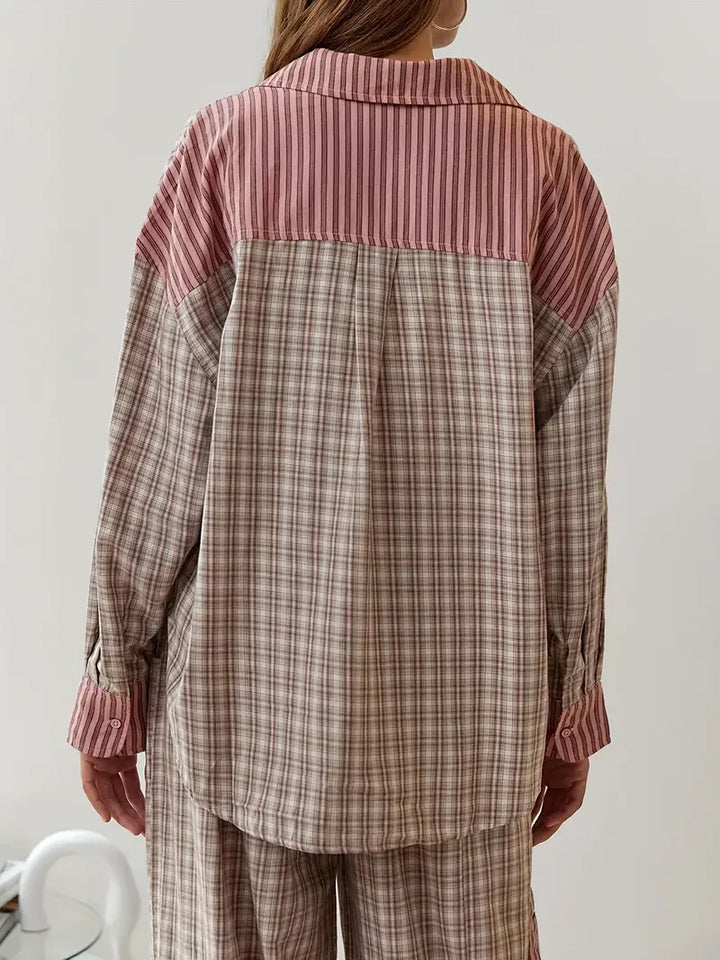 Women's relaxed fit striped two-piece lounge set with drawstring, ideal for casual summer style.