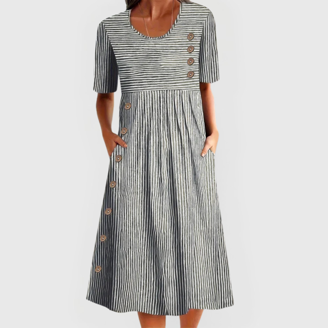 Comfortable women's striped midi dress featuring 3/4 sleeves, ideal for versatile everyday effortless style.
