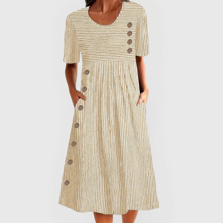 Striped midi dress for women with 3/4 sleeves, a chic and casual choice for spring and summer outfits.