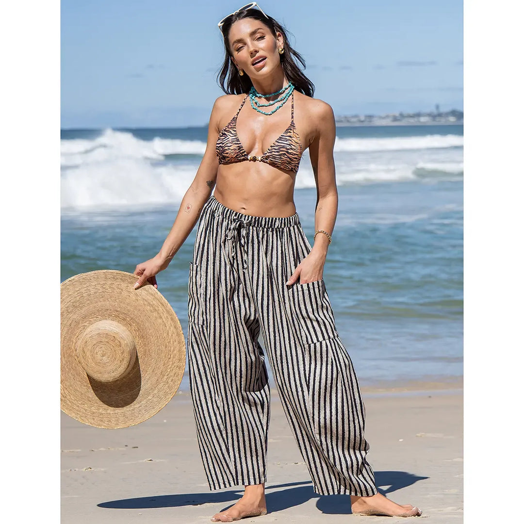 Women's Effortless Striped Wide-Leg Pants with drawstring waist for comfortable casual wear.