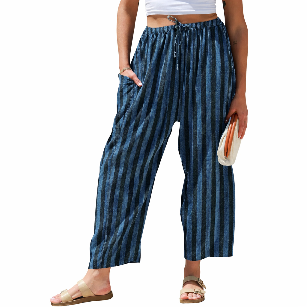 Versatile women's striped wide-leg trousers, designed for elegant casual wear and resort summer fashion.