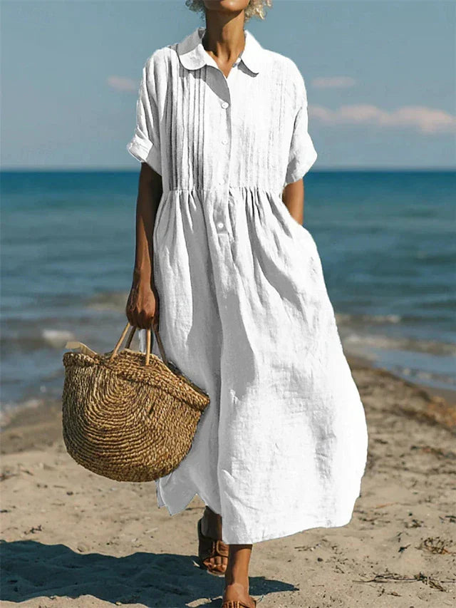 Women's effortless style button-down midi shirt dress, perfect for casual summer everyday wear.