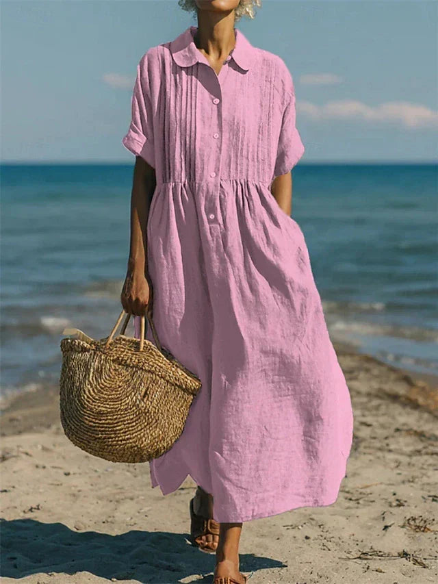 Casual summer women's midi dress featuring a classic button-down design and flowy, comfortable fit.