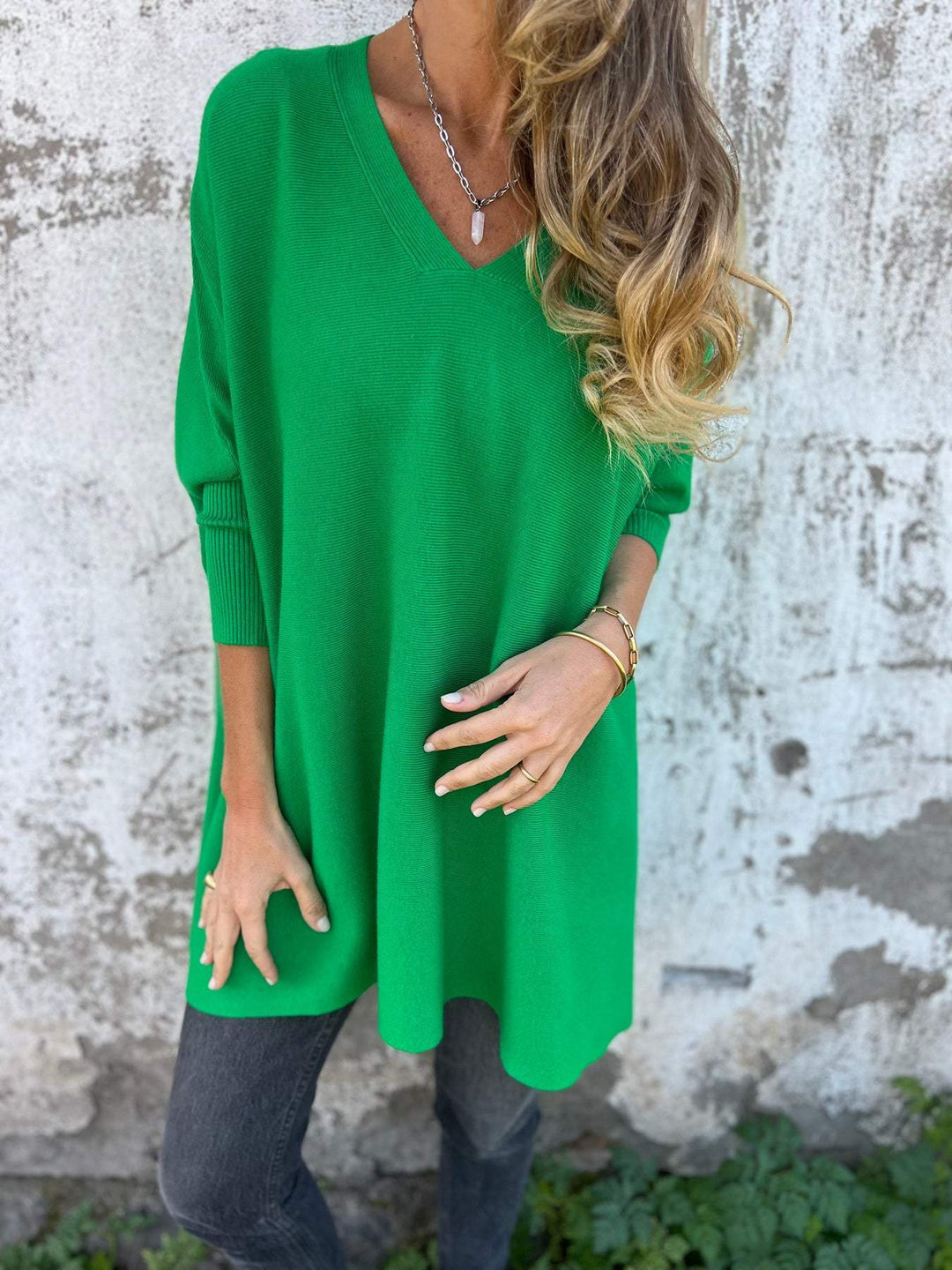 Women's fall fashion V-neck tunic pullover. Effortless swing top, long sleeve relaxed fit for winter wear.