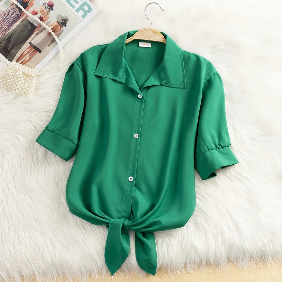 Women's effortless tie-front cropped blouse, perfect for versatile summer fashion & casual elegant style.