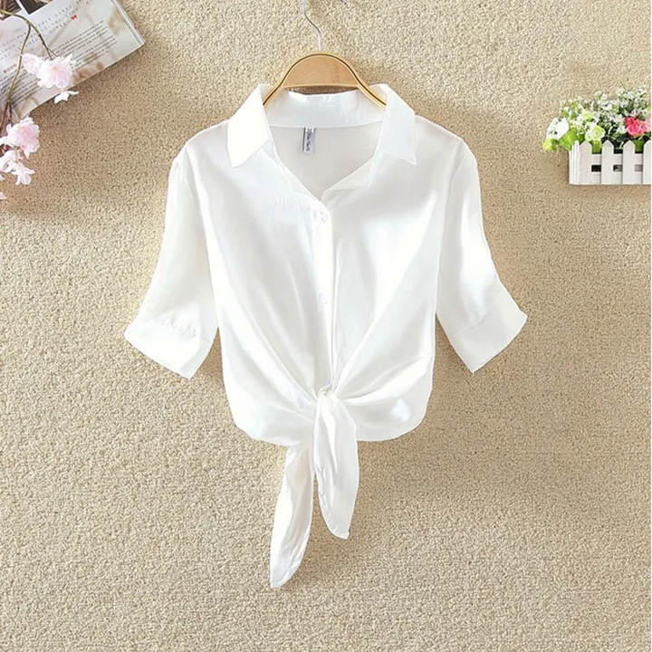 Elegant women's bow-front cropped blouse, a fashionable short sleeve top for effortless spring & summer style.