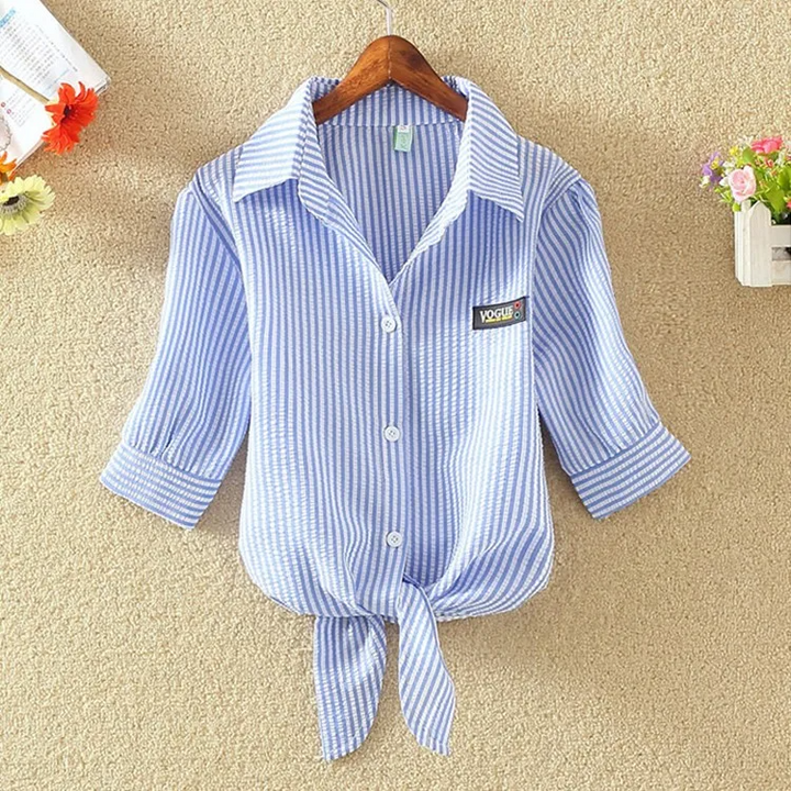 Comfortable women's tie-front cropped blouse, a casual elegant top for relaxed summer days or workwear.