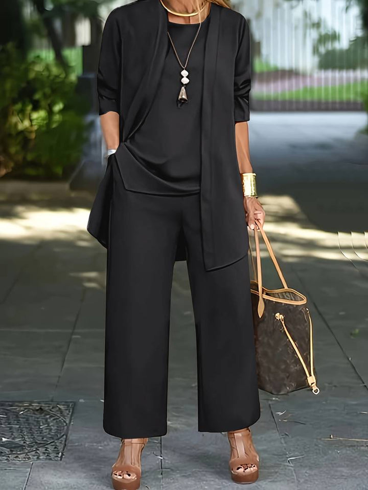 Relaxed fit wide-leg trouser & cardigan 3-piece set for women. Perfect spring/summer casual outfit. Effortless style.