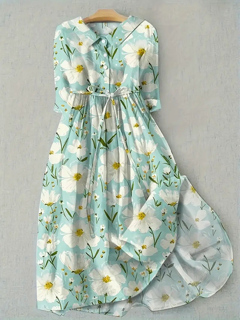 Women's Elara multi-color floral midi dress with short sleeves, perfect for elegant comfort and versatile summer or spring wear.