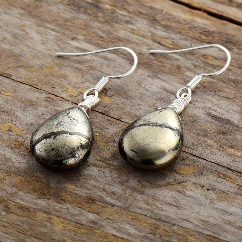 Unique Elara reflective pyrite drop earrings. Handmade women's silver jewelry, offering protection & eye-catching shine.