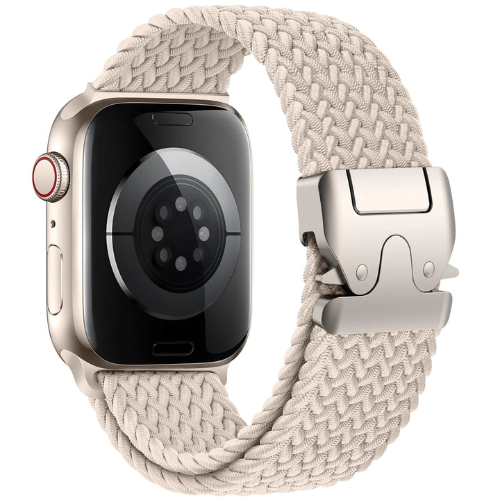 Women's elastic nylon smartwatch band for active lifestyles, comfortable & breathable.
