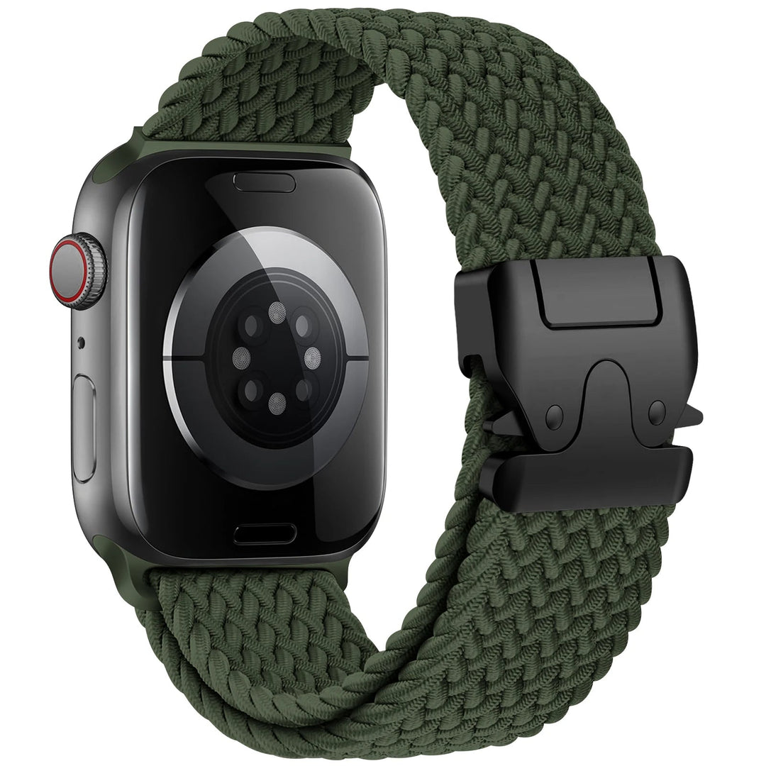 Nylon elastic smartwatch band for women, sleek and comfortable design for active use.