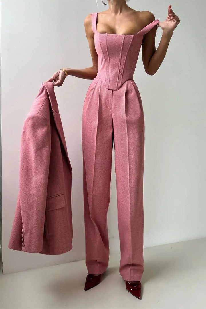 Chic 3-piece women's set: elegant corset, wide leg pants & oversized blazer for formal events.