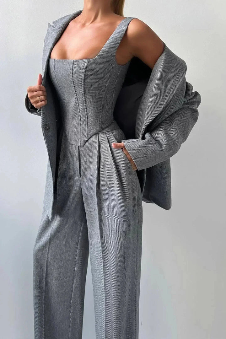 Fashionable women's 3-piece set: corset, wide leg pants & blazer for formal & evening wear.