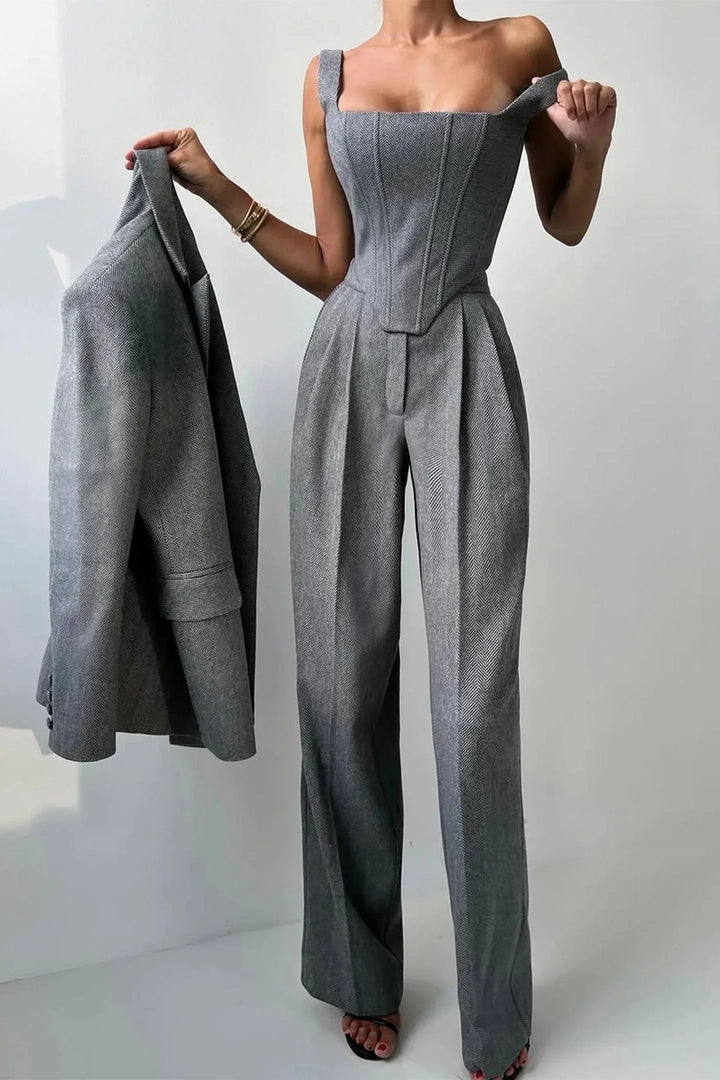 Formal wear women's 3-piece power suit with a corset bustier, wide leg pants & chic blazer.