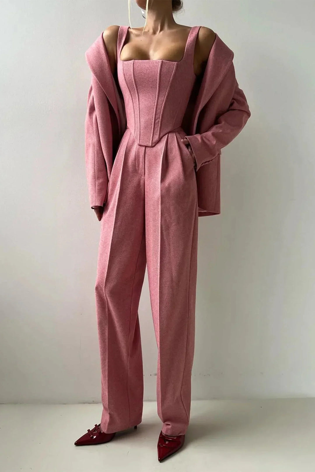Elegant women's power suit, a 3-piece set with corset, wide leg pants & oversized blazer.