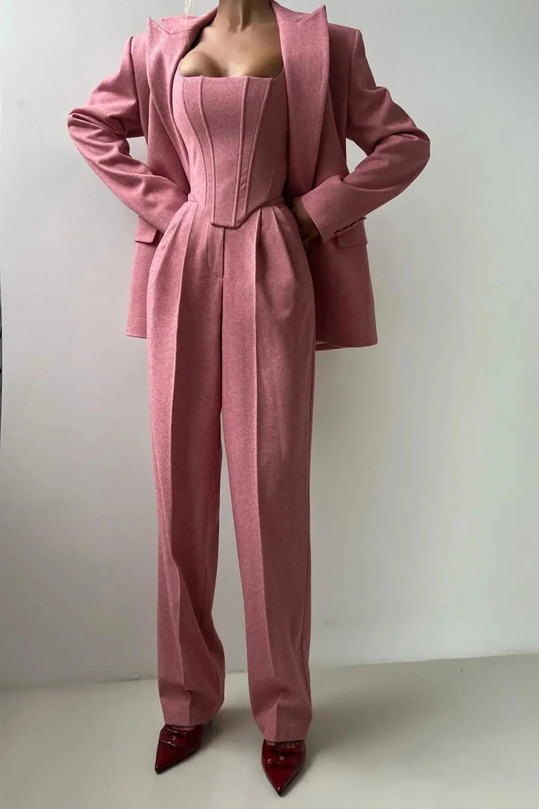 Sophisticated evening wear 3-piece set: women's corset bustier, wide leg pants & blazer.