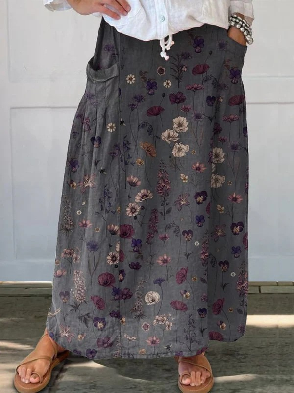Women's elegant A-line midi skirt with Ivy flower art print, elastic waist, & pockets. Perfect for spring/summer fashion.