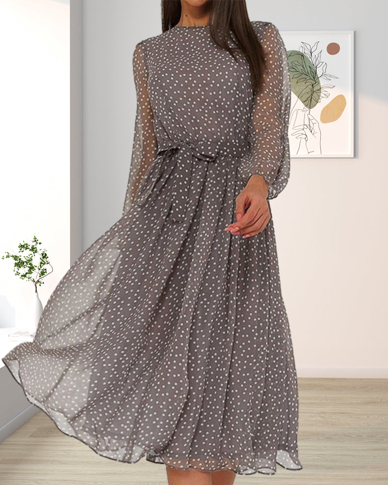 Stylish women's A-line polka dot dress featuring elegant lantern sleeves, perfect for versatile all-season wear.