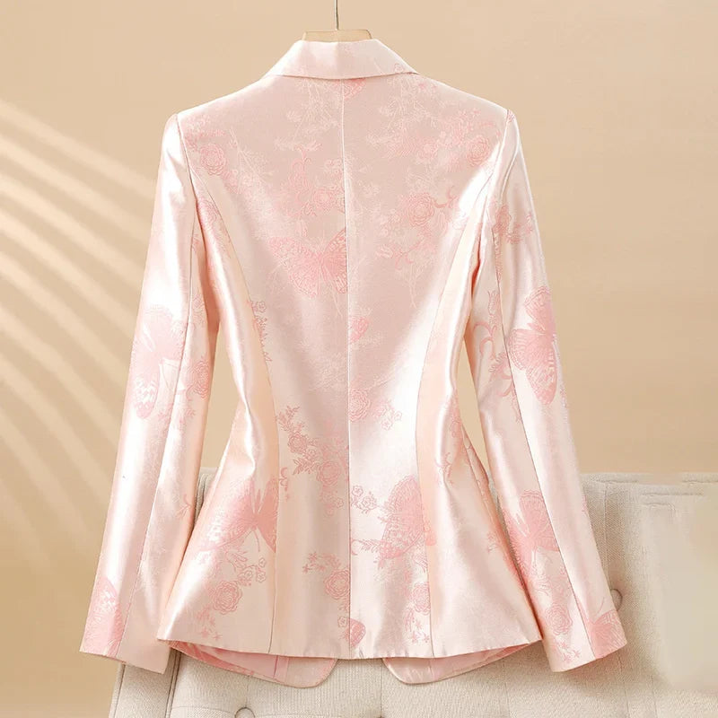 Statement women's rosette blazer in apricot. Fashionable tailored outerwear for sophisticated workwear.
