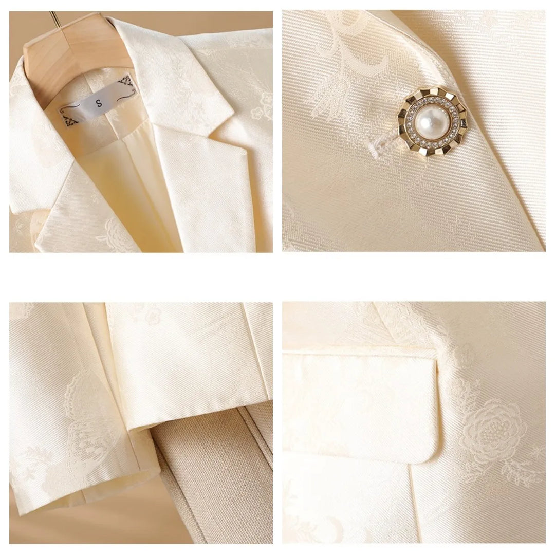 Sophisticated women's Rosette Blazer in apricot. Elegant, tailored fit jacket, luxury spring outerwear.