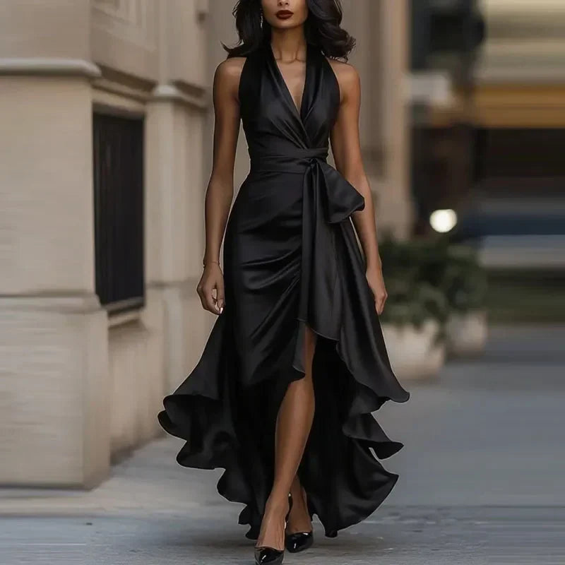 Chic women's asymmetrical evening gown; a sophisticated off-shoulder maxi dress for formal wear.