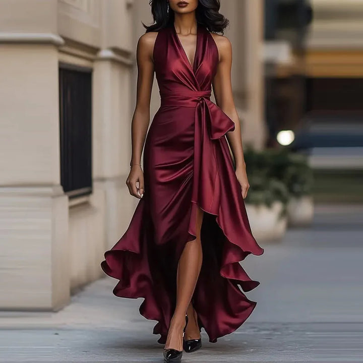 Luxurious women's asymmetrical off-shoulder maxi dress, an elegant evening gown for high-end events.