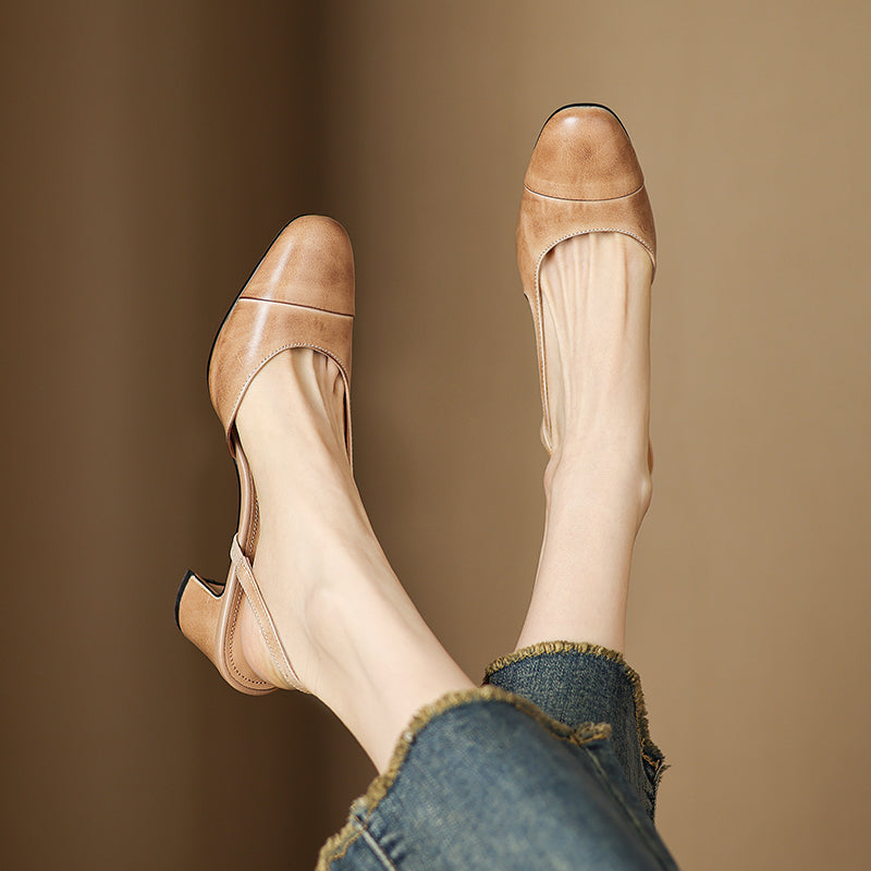 Comfortable women's block heels with a slingback strap and round toe, perfect for long wear and elegant styling.