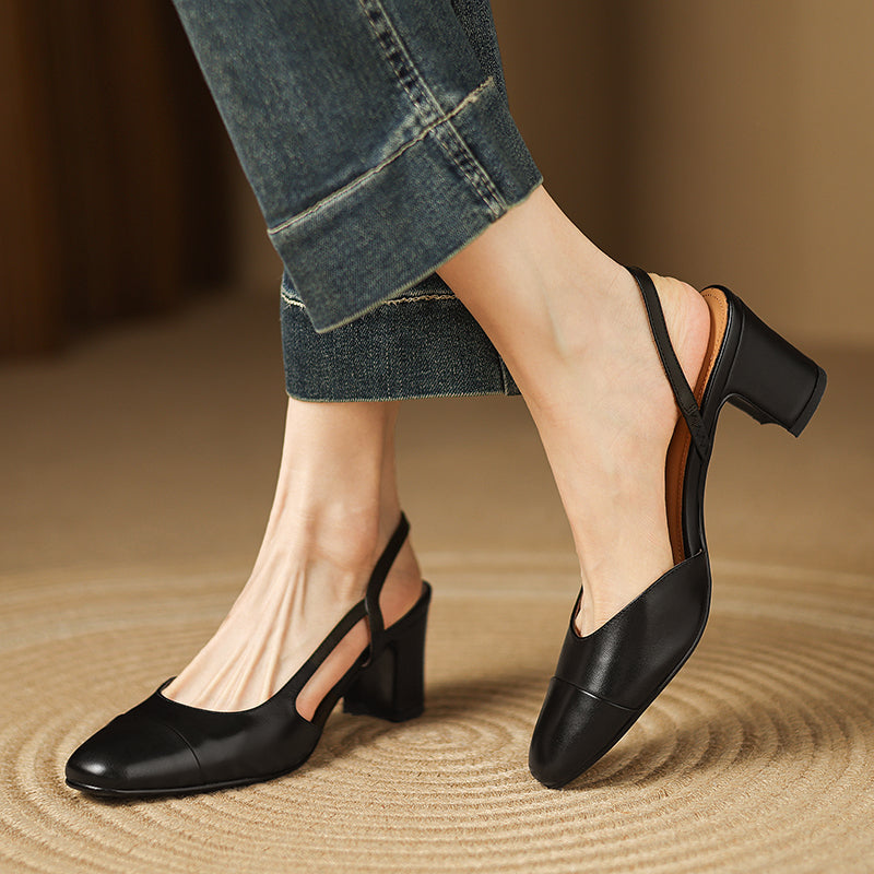 Beige women's elegant slingback block heels, a classic round toe design ensuring all-day comfort for any dressy outfit.