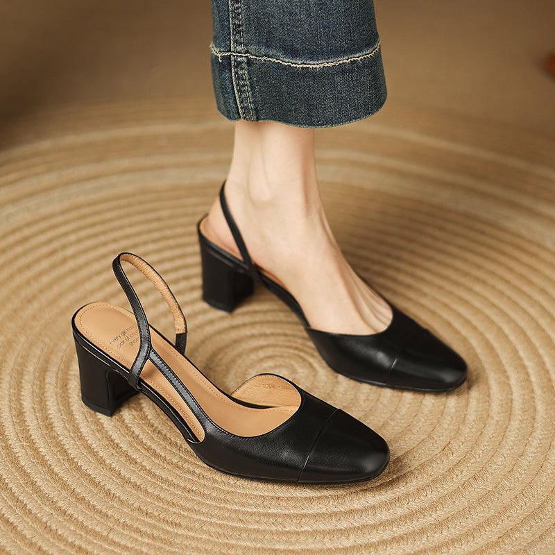 Black women's dress shoes: elegant slingback block heels with a comfortable round toe, suitable for work or formal events.