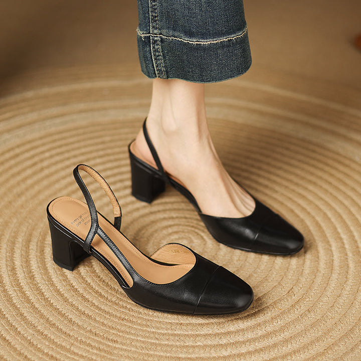 Black women's dress shoes: elegant slingback block heels with a comfortable round toe, suitable for work or formal events.