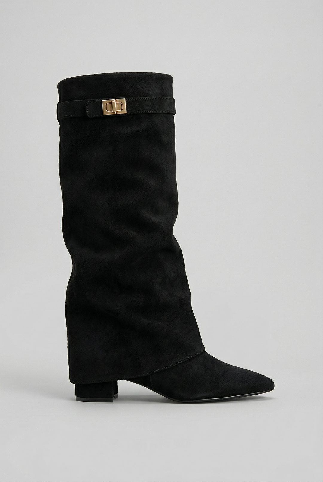 Women's elegant black block heel knee-high boot, perfect for fall & winter fashion, with a convenient side zip.