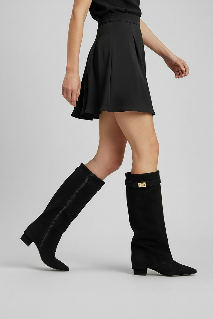 Stylish women's tall block heel knee-high boots in black, offering comfort & a sophisticated look for any outfit.