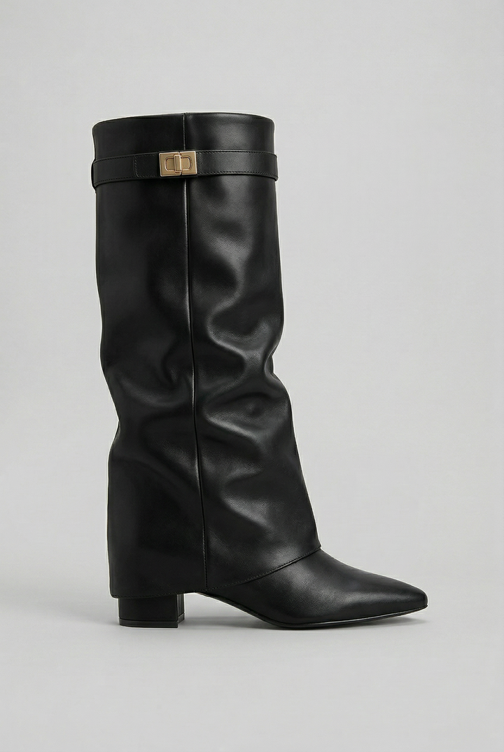 Fashionable women's knee-high boot with sturdy block heel and side zip, ideal for fall and winter elegant footwear.