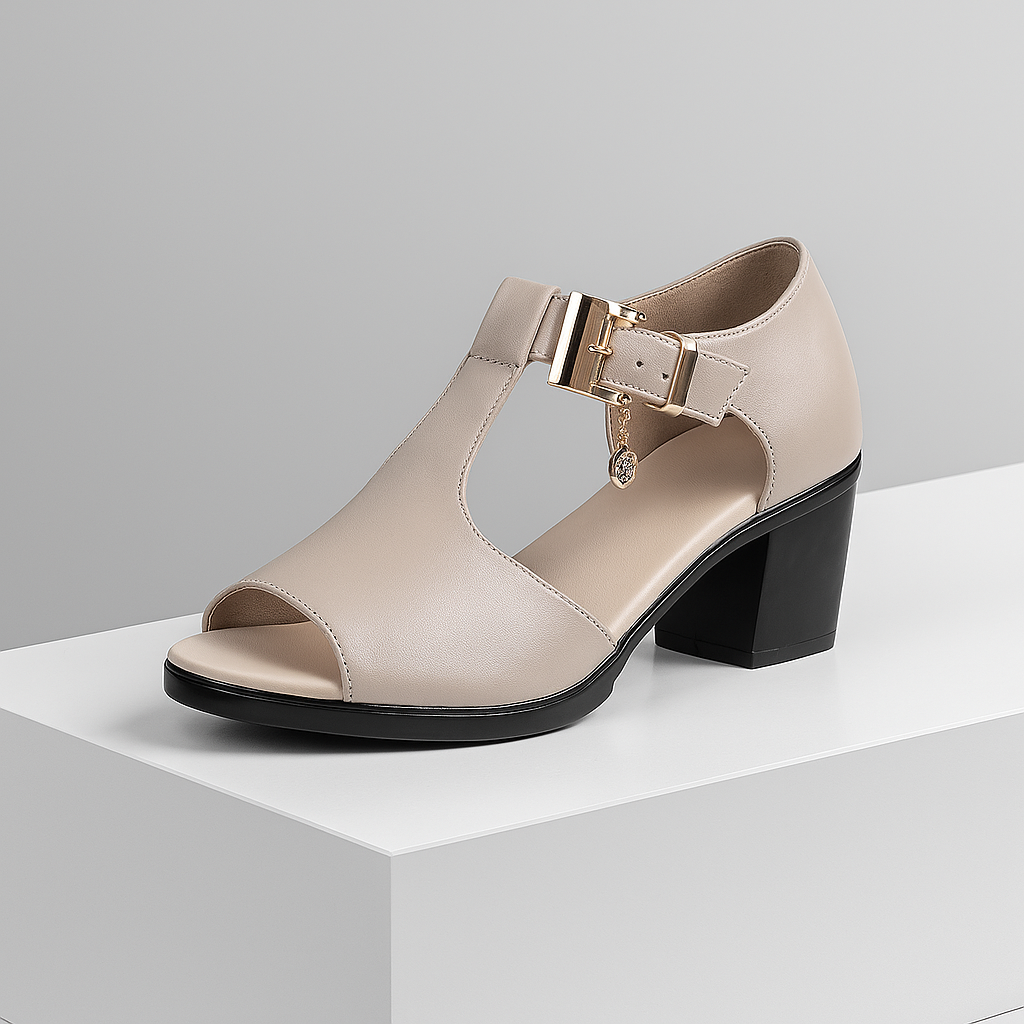Women's elegant black buckle block heels for comfort & style.