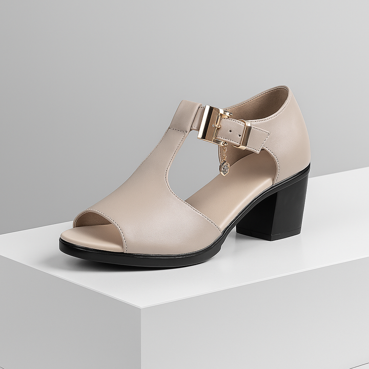 Women's elegant black buckle block heels for comfort & style.