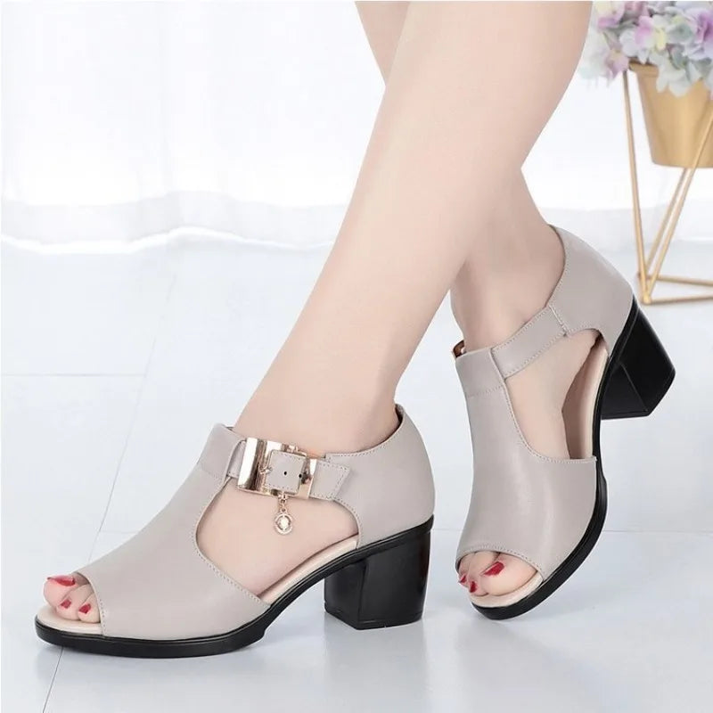Close-up of women's elegant block heel with buckle detail, showcasing quality & chic style.