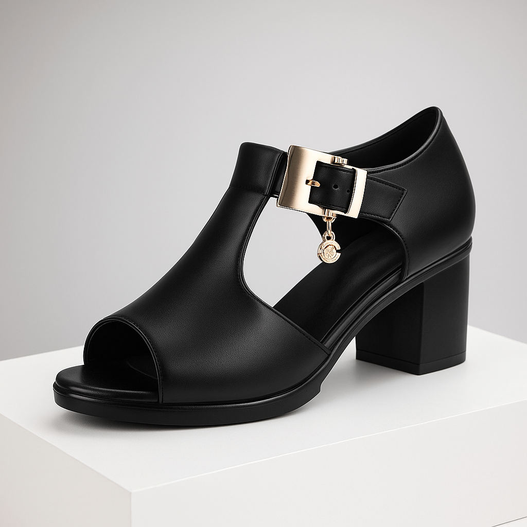 Chic open-toe block heels with stylish buckle, perfect for elegant women's dress shoes.