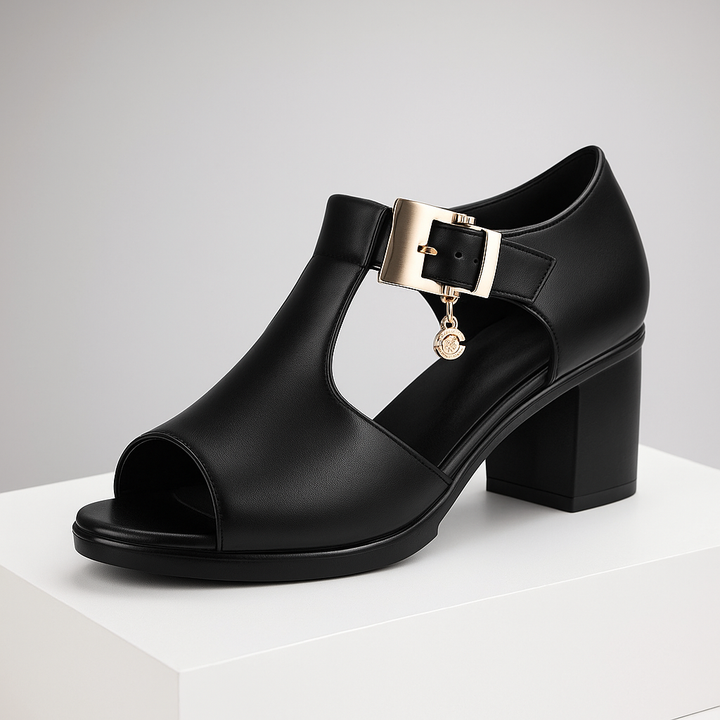 Chic open-toe block heels with stylish buckle, perfect for elegant women's dress shoes.